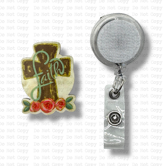 Floral Faith Cross Interchangeable Badge Button with Reel Option