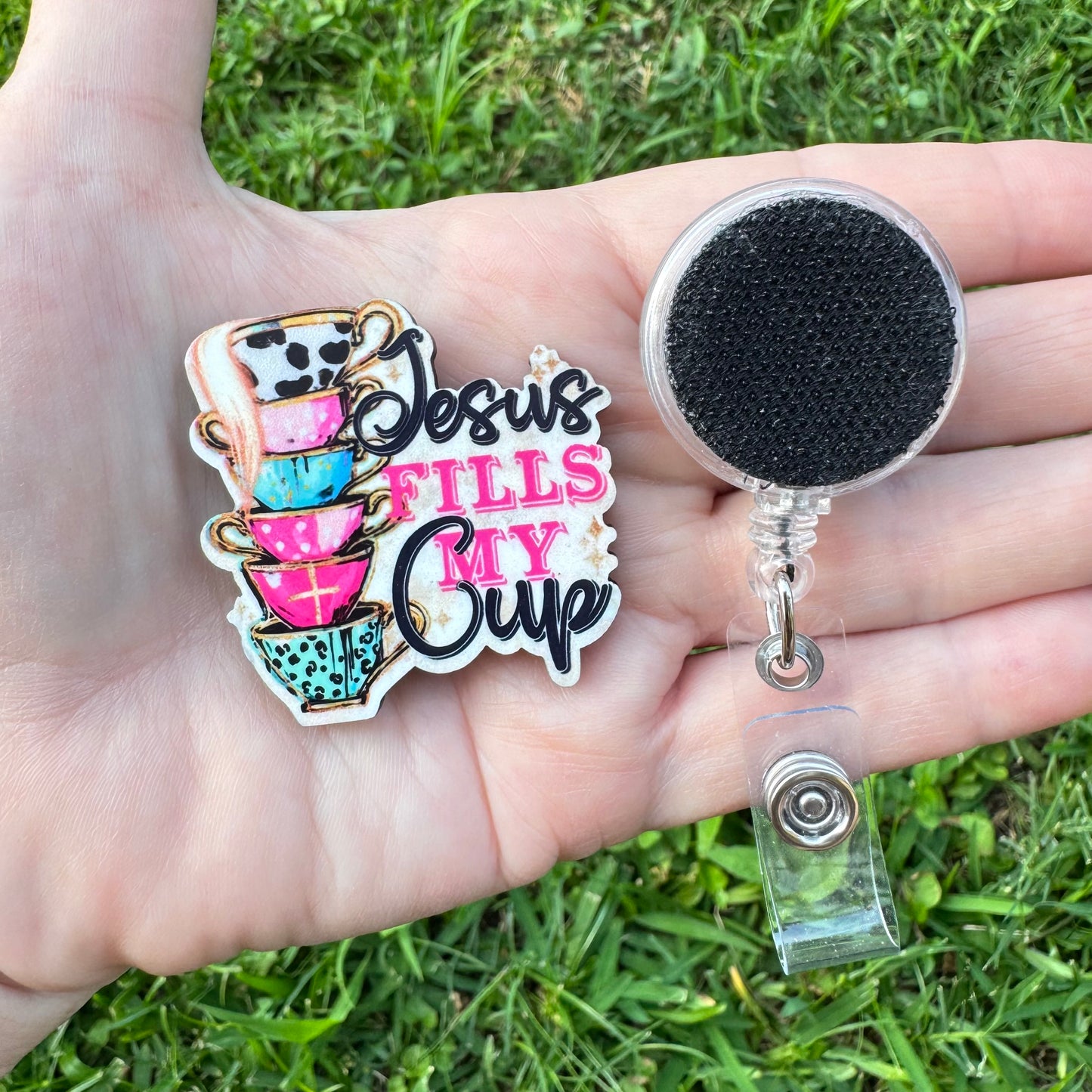 Jesus Fills My Cup Interchangeable Badge Button with Reel Option