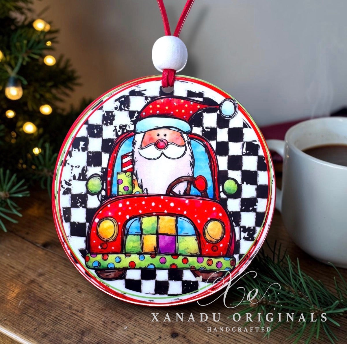 Santa Driving Red Vintage Car Christmas Ornament with Checkerboard Background