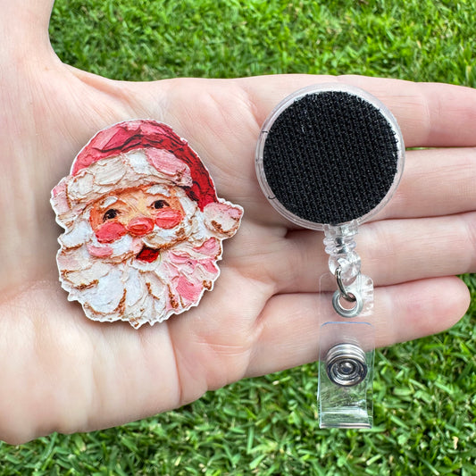 Hand Painted Santa Interchangeable Badge Button with Reel Option