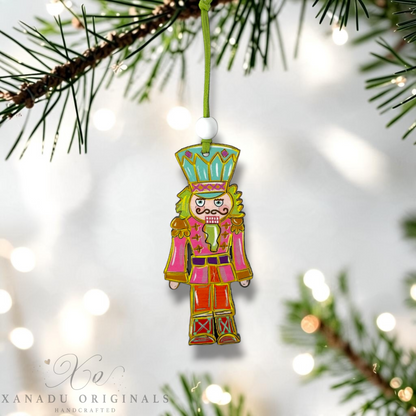 Retro Blushing Nutcracker Ornament - Whimsical Pink Teal Christmas Gift