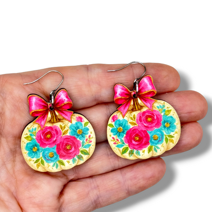 Preppy Pink Bow Pumpkin Dangle Earrings