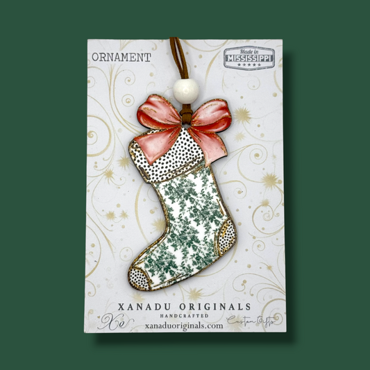Stocking Green Toile Christmas Ornament