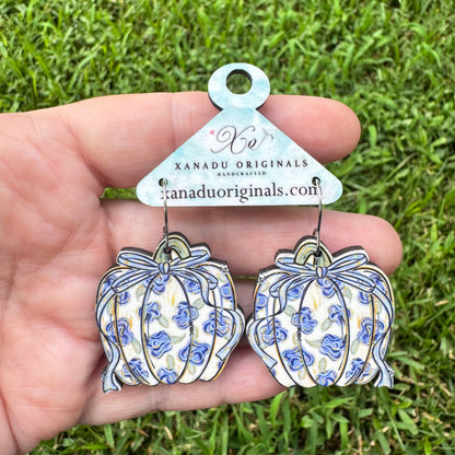 Painted Floral Bow Pumpkin Earrings