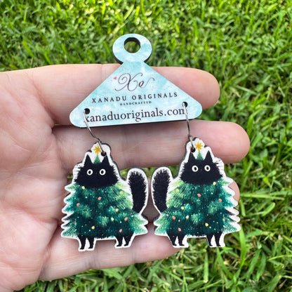 Christmas Tree Cat Earrings