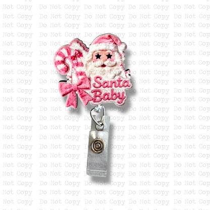 Santa Baby Pink Faux Fur Interchangeable Badge Button with Reel Option