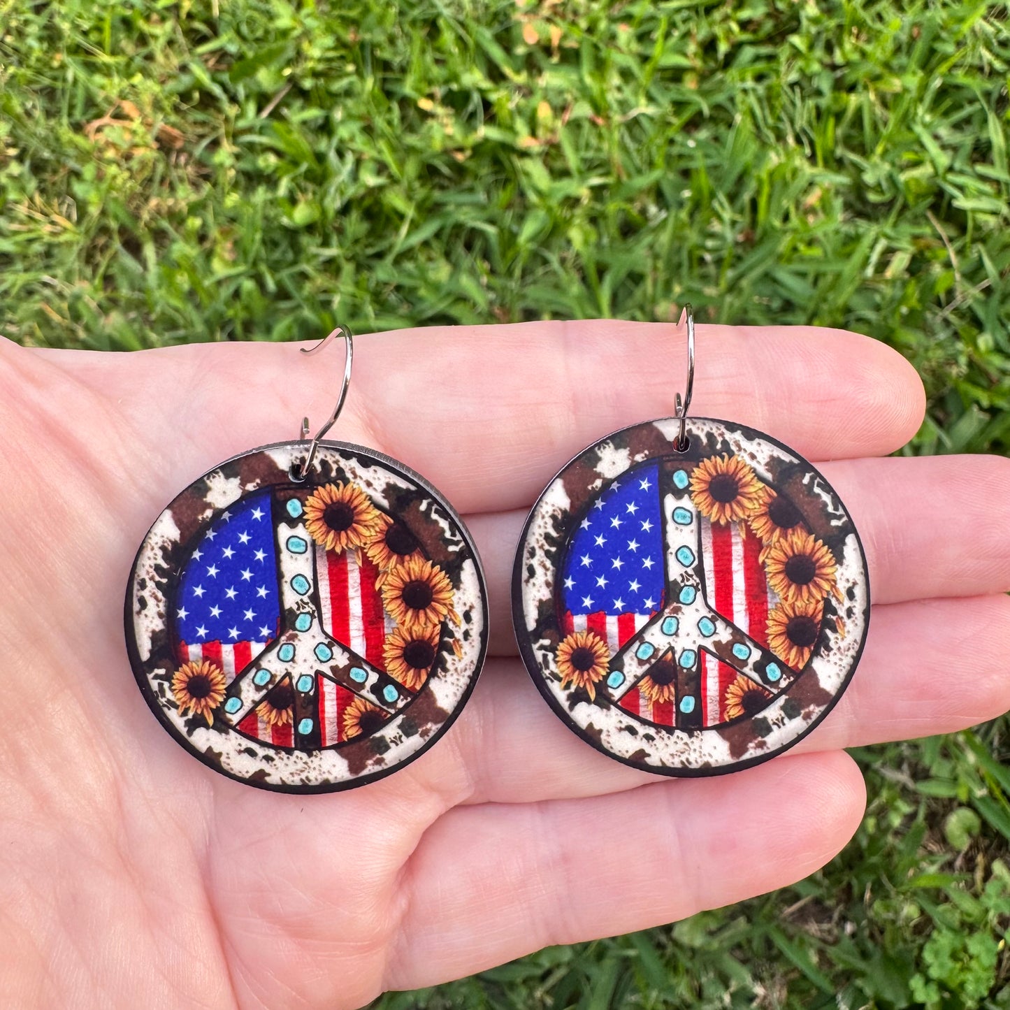 Peace Sign Cowhide Sunflower Earrings