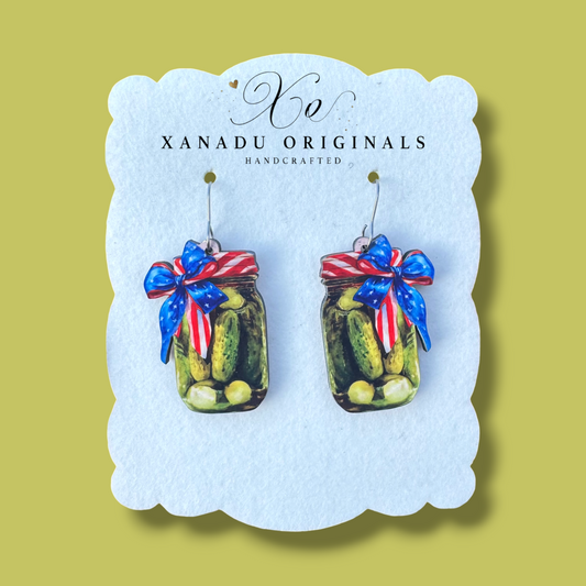 Pickle Jar 4th Of July Dangle Earrings