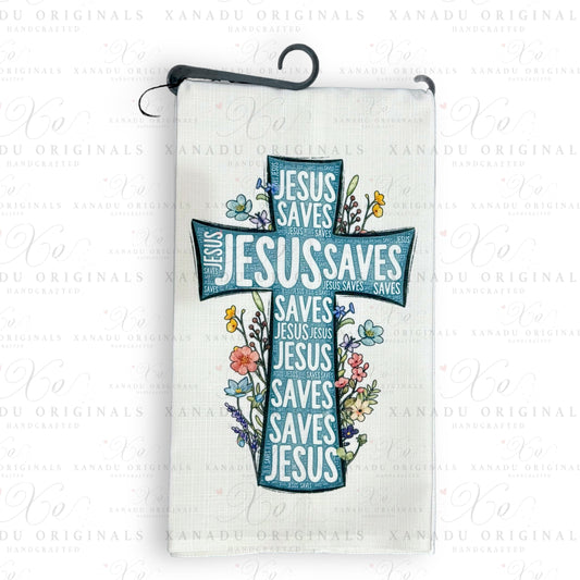 Linen Jesus Saves Tea Towel