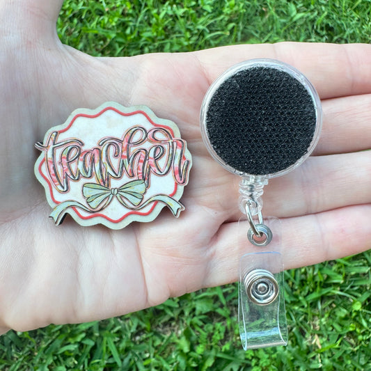 Teacher Painted Floral Interchangeable Badge Button with Reel Option