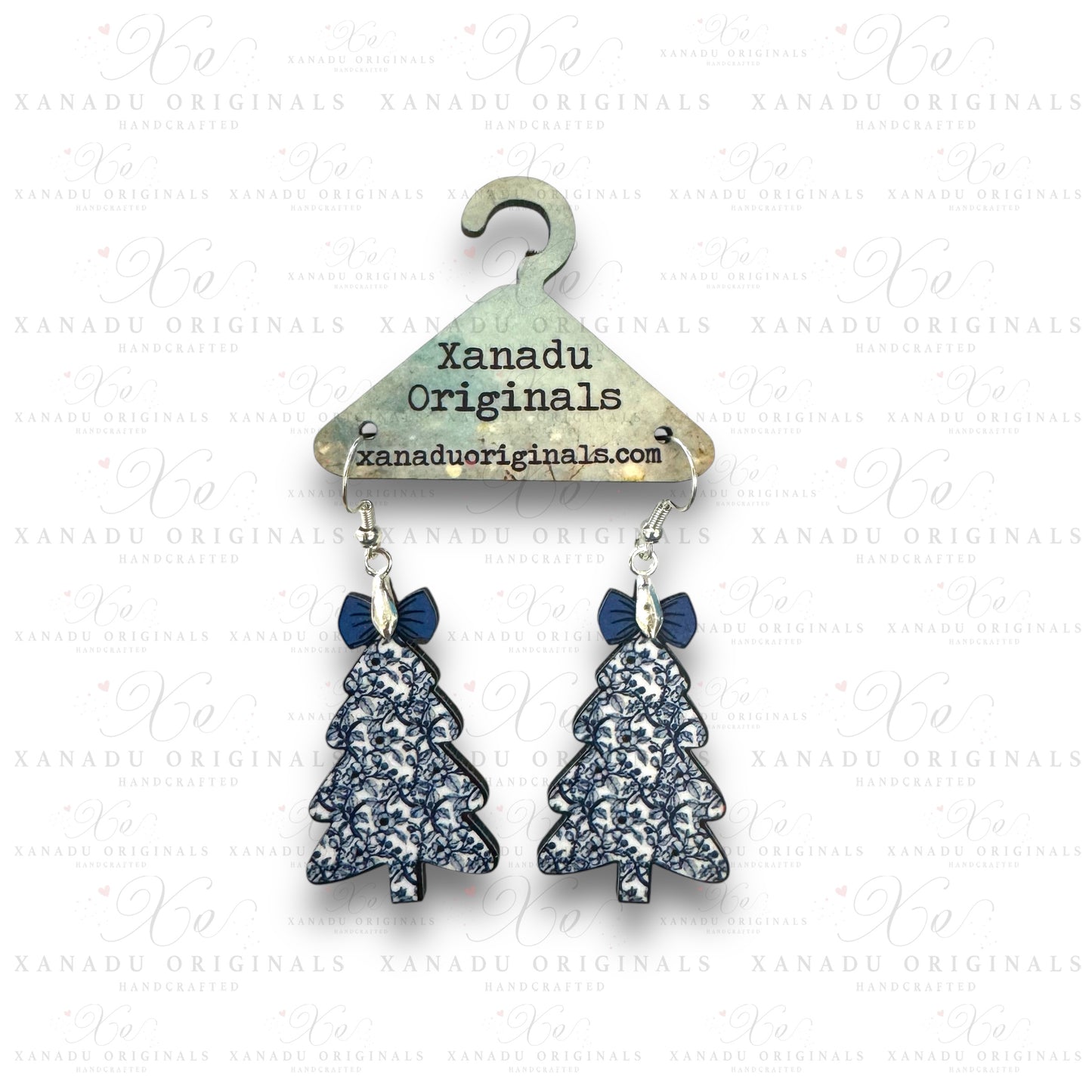 Blue Floral Christmas Tree Earrings