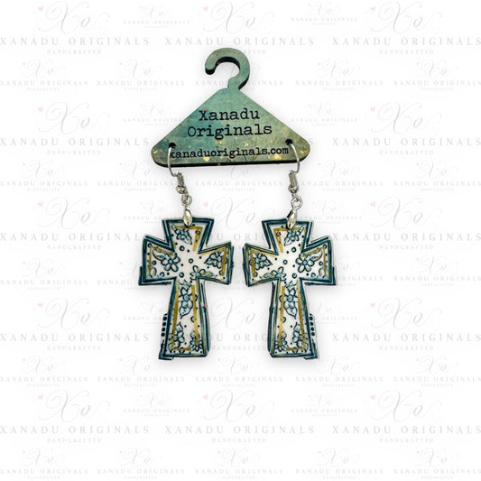 Blue And White Cross Earrings