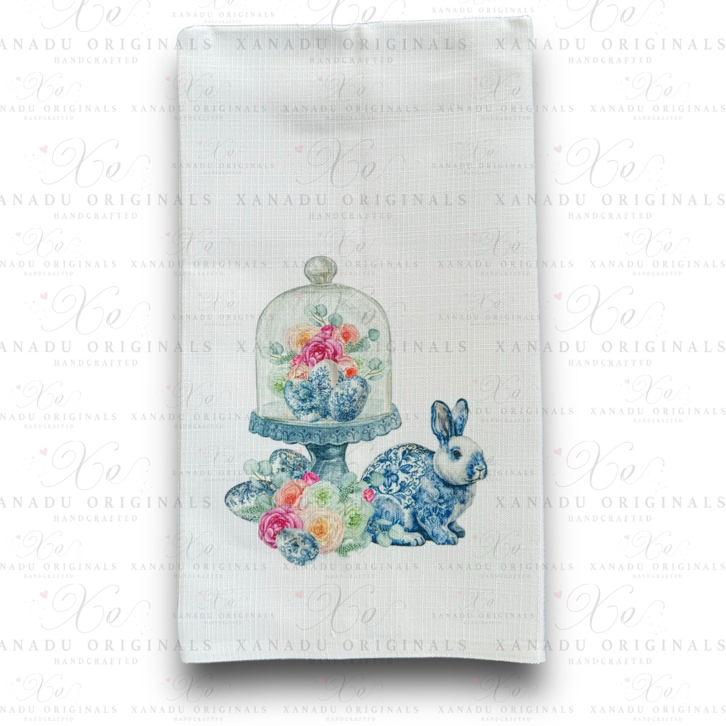 Linen Bunny Eggs Chinoiserie Tea Towel