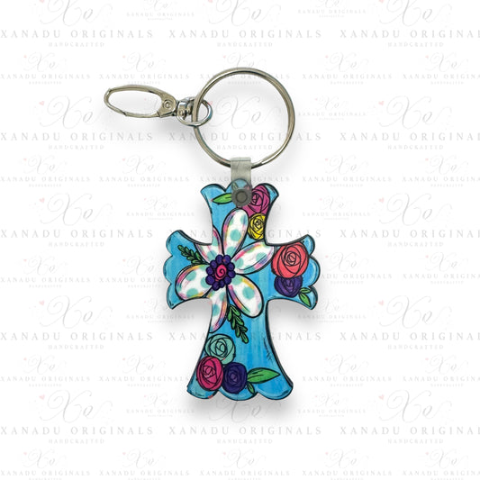Blue Floral Cross Keychain | Bag Tag
