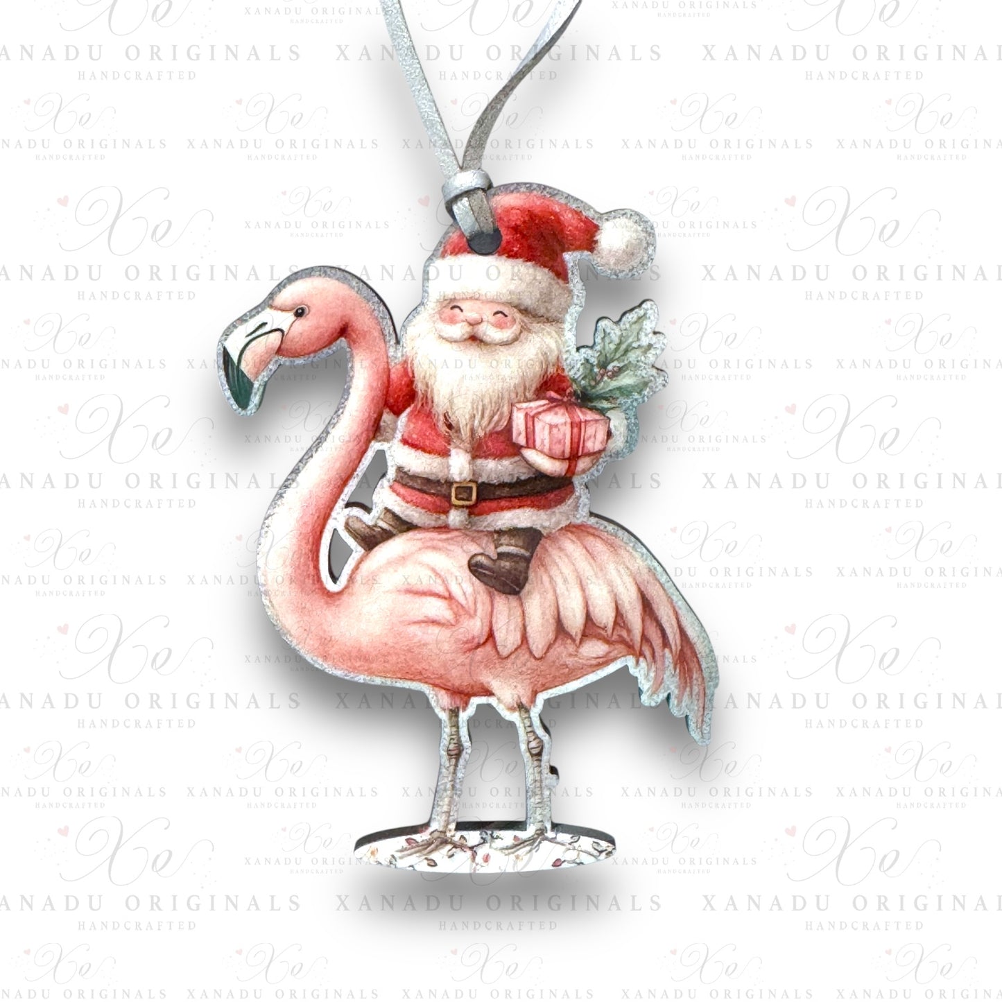 Santa Riding Flamingo Ornament