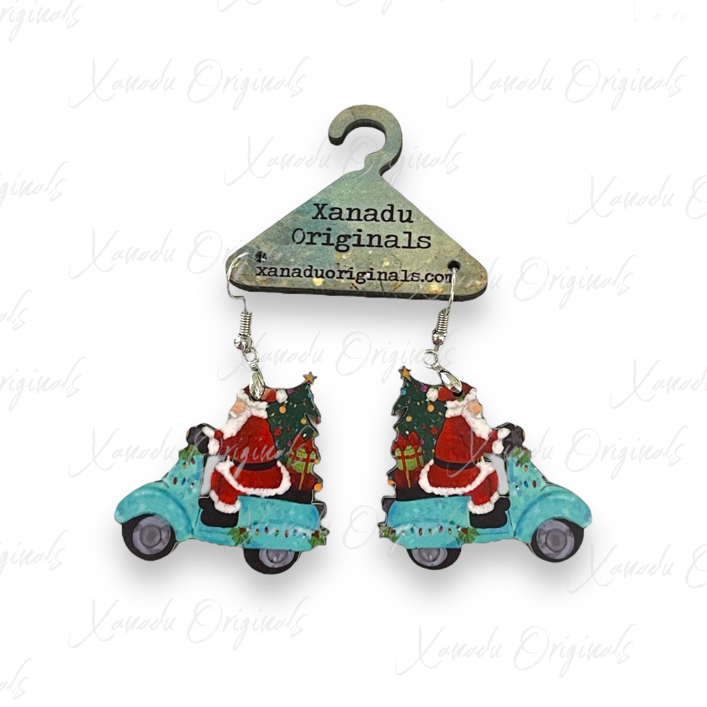 Teal Moped Santa Earrings