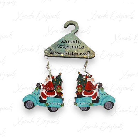 Teal Moped Santa Earrings