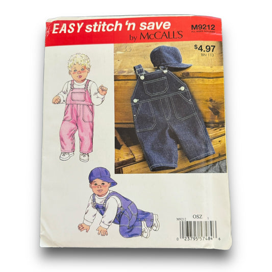 McCall's Easy Stitch 'n Save M9212, Baby Overalls Hat | 0 - 18 mo. Uncut