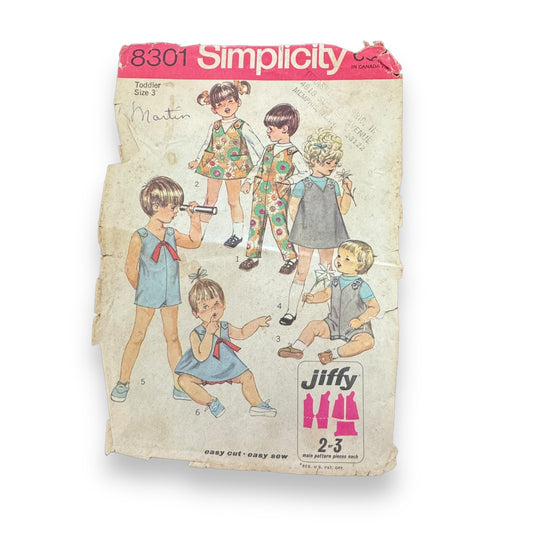 8301 Vintage Sewing Pattern 1969 Vintage Toddler Jumpsuit, Overalls, Jumper, Sundress, Bloomers Size 3 CUT