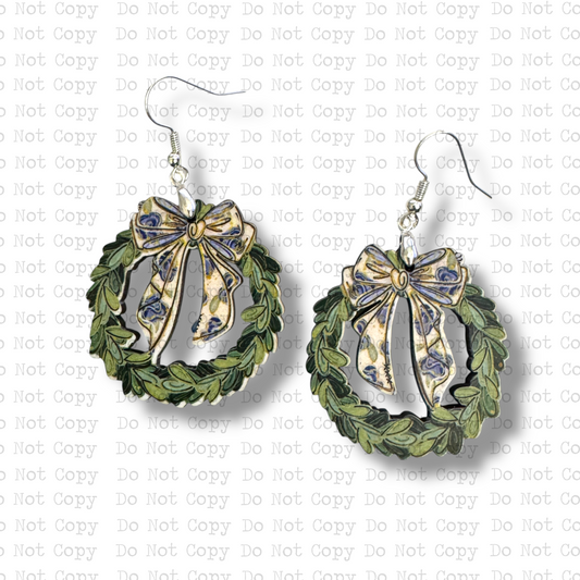 Blue Toile Bow Wreath Earrings