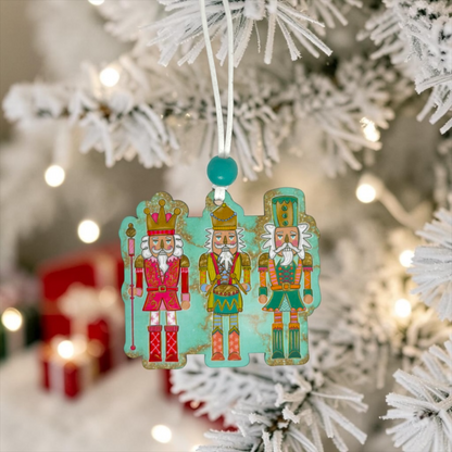 A Christmas ornament shaped like three nutcracker figures hanging from a white tree branch with warm holiday lights in the background.