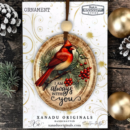 A oval wooden Christmas ornament with a red cardinal perched among pine branches and red berries, with the phrase “I am always with you” printed below. The ornament hangs from a brown cord and is displayed on a branded card, surrounded by pinecones and gold ornaments on a dark wood surface.