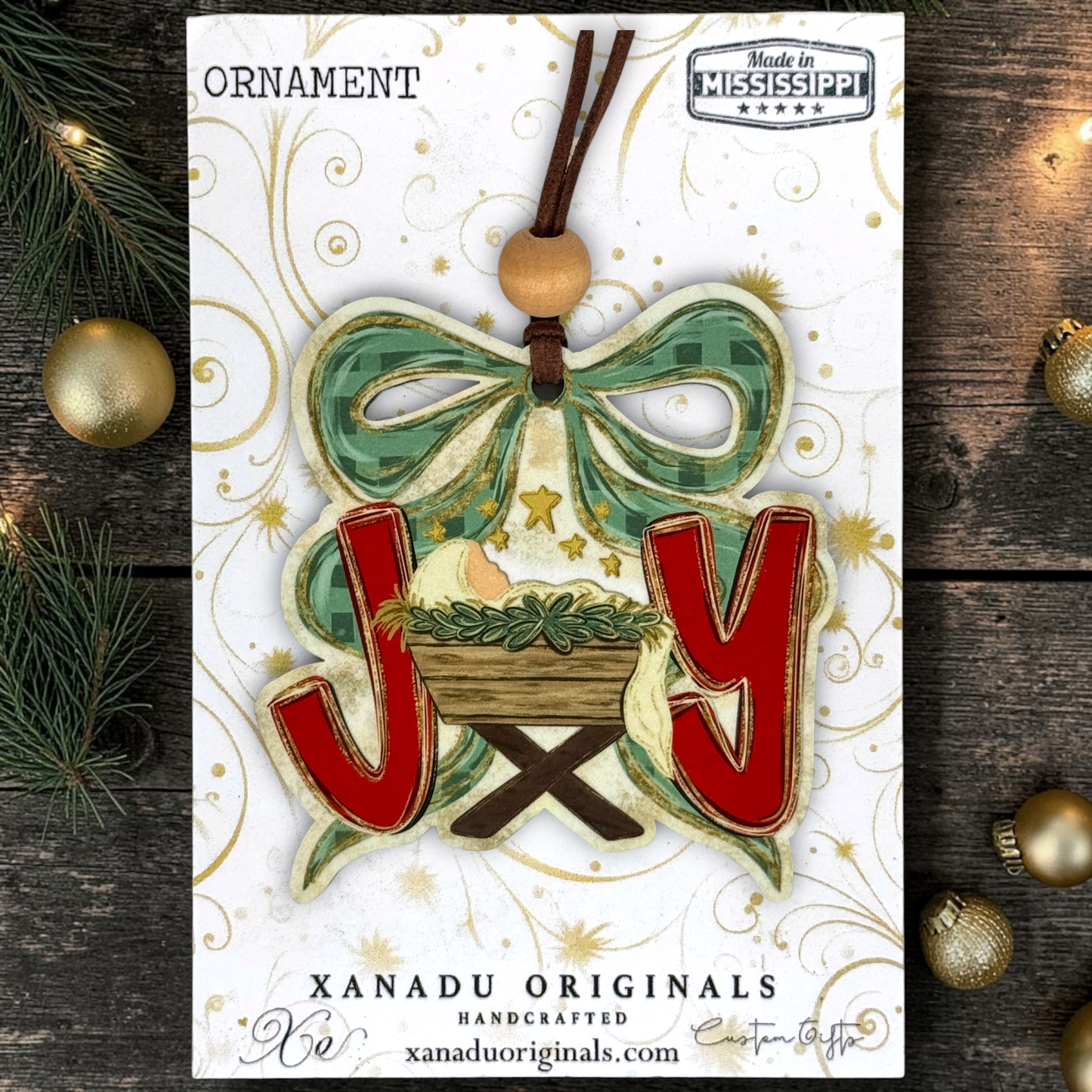 A Christmas ornament on a card 