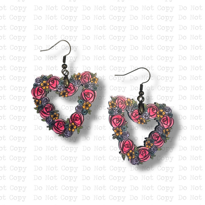 Pink Floral Open Heart Earrings