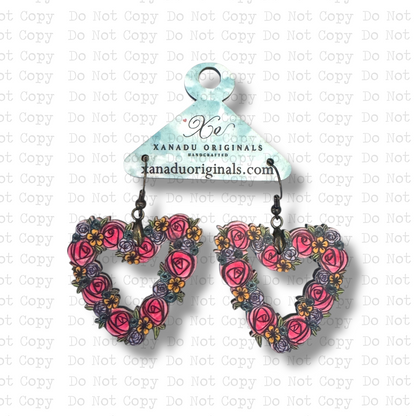 Pink Floral Open Heart Earrings