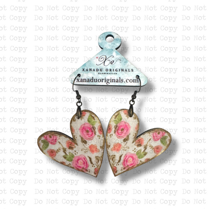 Pink Floral Rose Heart Earrings