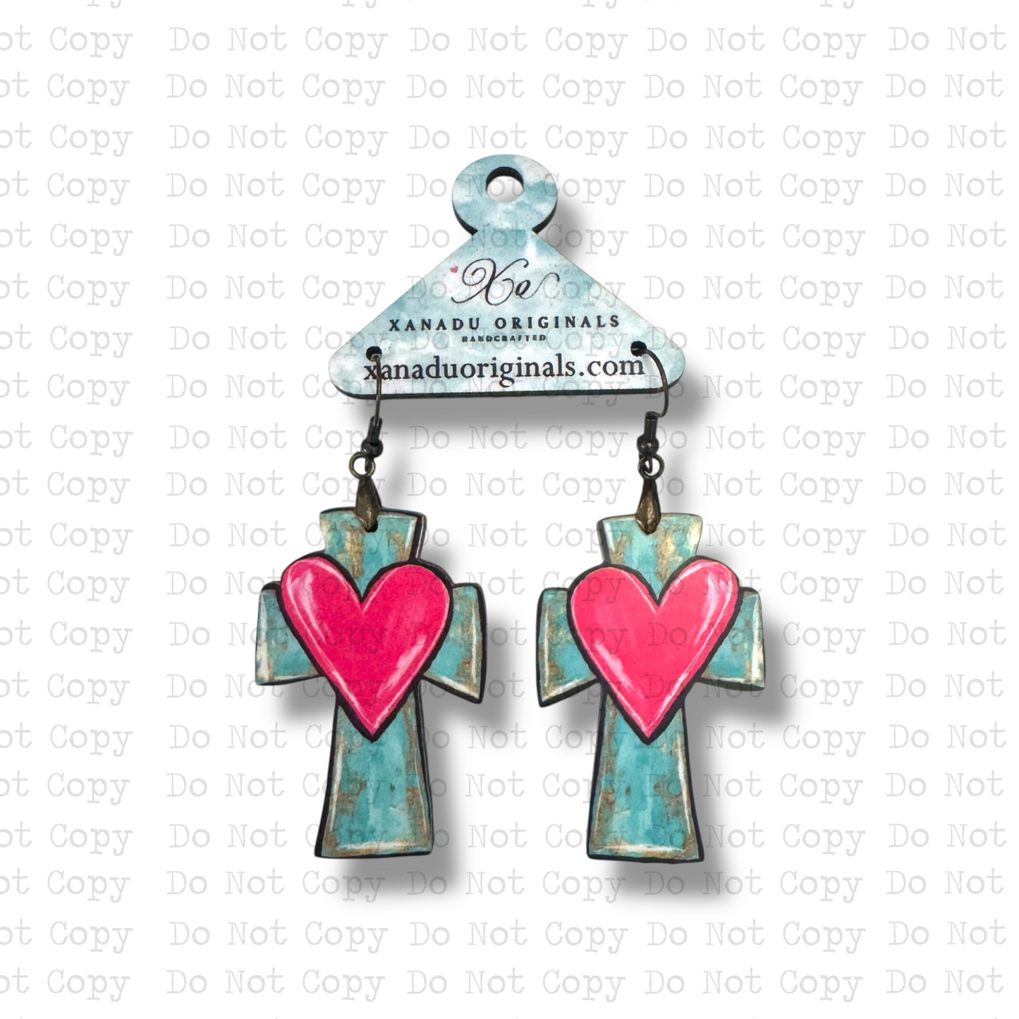 Teal Cross hot pink heart Earrings