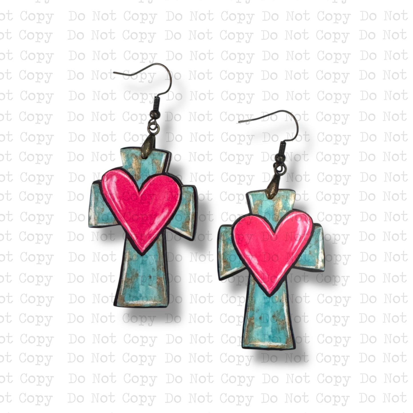 Teal Cross hot pink heart Earrings
