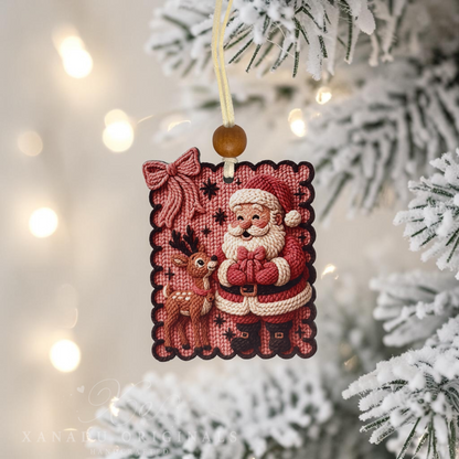 A rectangular Christmas ornament featuring a stitched Santa Claus and a reindeer, hanging from a yellow cord with a brown bead against a blurred snowy Christmas tree background with warm string lights.