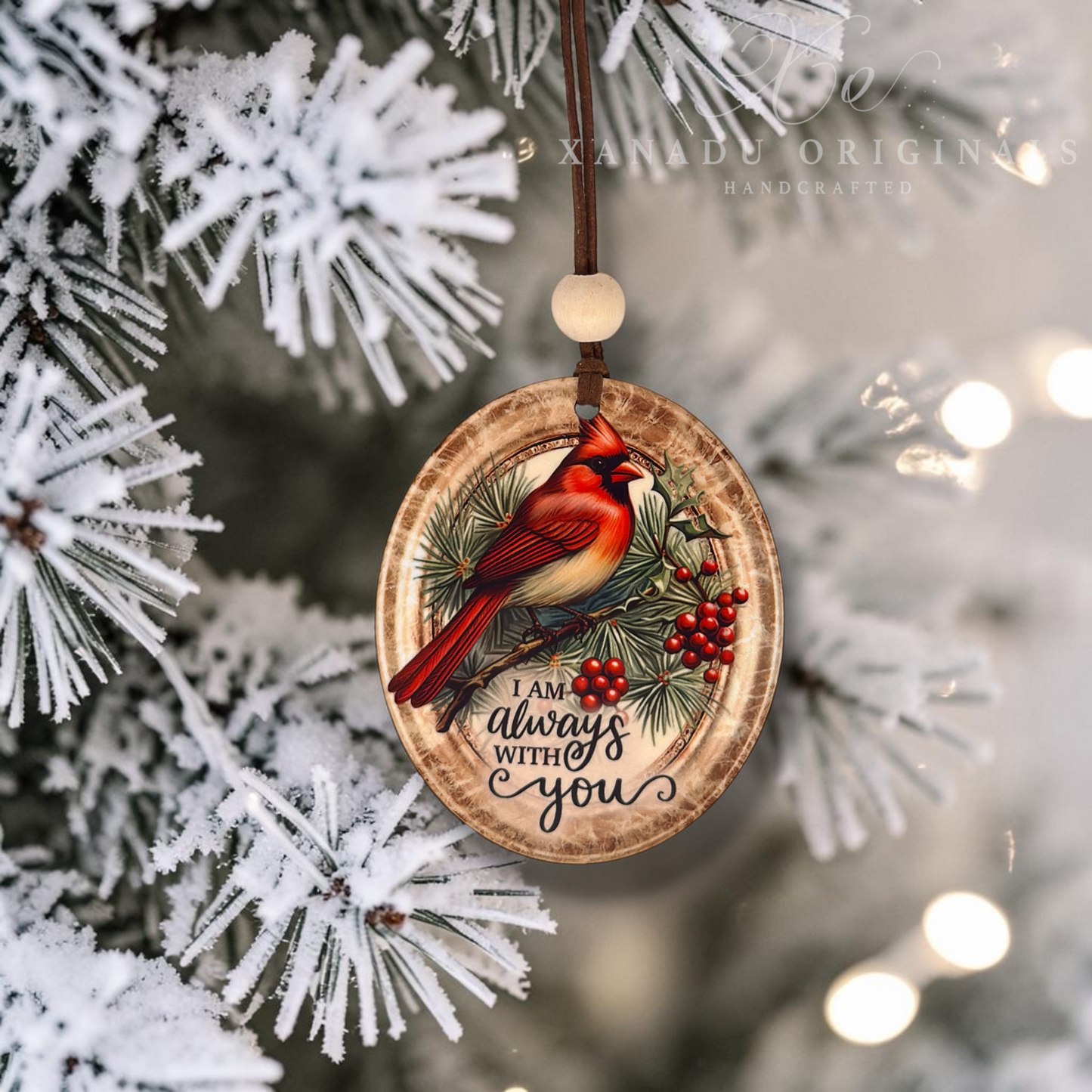 An oval Christmas ornament hanging from a tree branch, featuring a red cardinal perched on pine branches with red berries and the phrase “I am always with you” in black script. The ornament has a distressed wood-grain background and is shown against blurred snowy tree branches and warm bokeh lights.