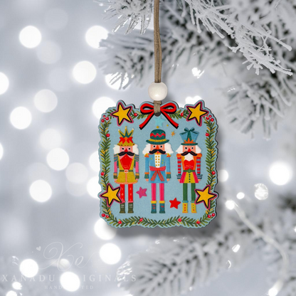 A square Christmas ornament featuring three nutcracker figures under a red bow, surrounded by a green wreath and yellow stars on a light blue background, hanging from a white string on a white Christmas tree branch with soft bokeh lights.