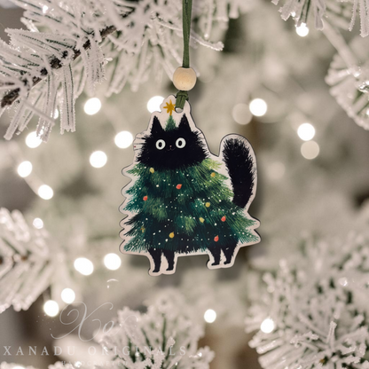 A die-cut Christmas ornament shaped like a black cat wearing a green Christmas tree, hanging from a green ribbon and wooden bead on a blurred white frosted Christmas tree branch.