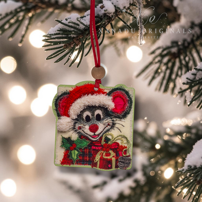 A handmade embroidered Christmas ornament shaped like a mouse wearing a Santa hat and holding gifts, hanging from a snowy pine branch with warm bokeh lights in the background.