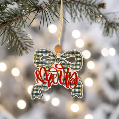 Gingham Bow Merry Wood Christmas Ornament - Cozy Holiday Gift