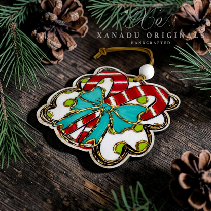 A handcrafted Christmas ornament shaped like a snowflake with candy canes and a bow, displayed on a dark wooden surface with pine branches and pinecones. The ornament features red and white candy cane stripes, a turquoise bow, white snowflake base, and gold glitter outlines.