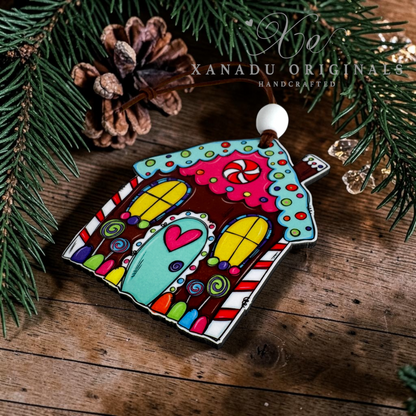 A handcrafted gingerbread house ornament by Xanadu Originals, featuring colorful icing details, candy windows, and a heart-shaped door, displayed on a rustic wooden surface with pine branches and a pinecone.