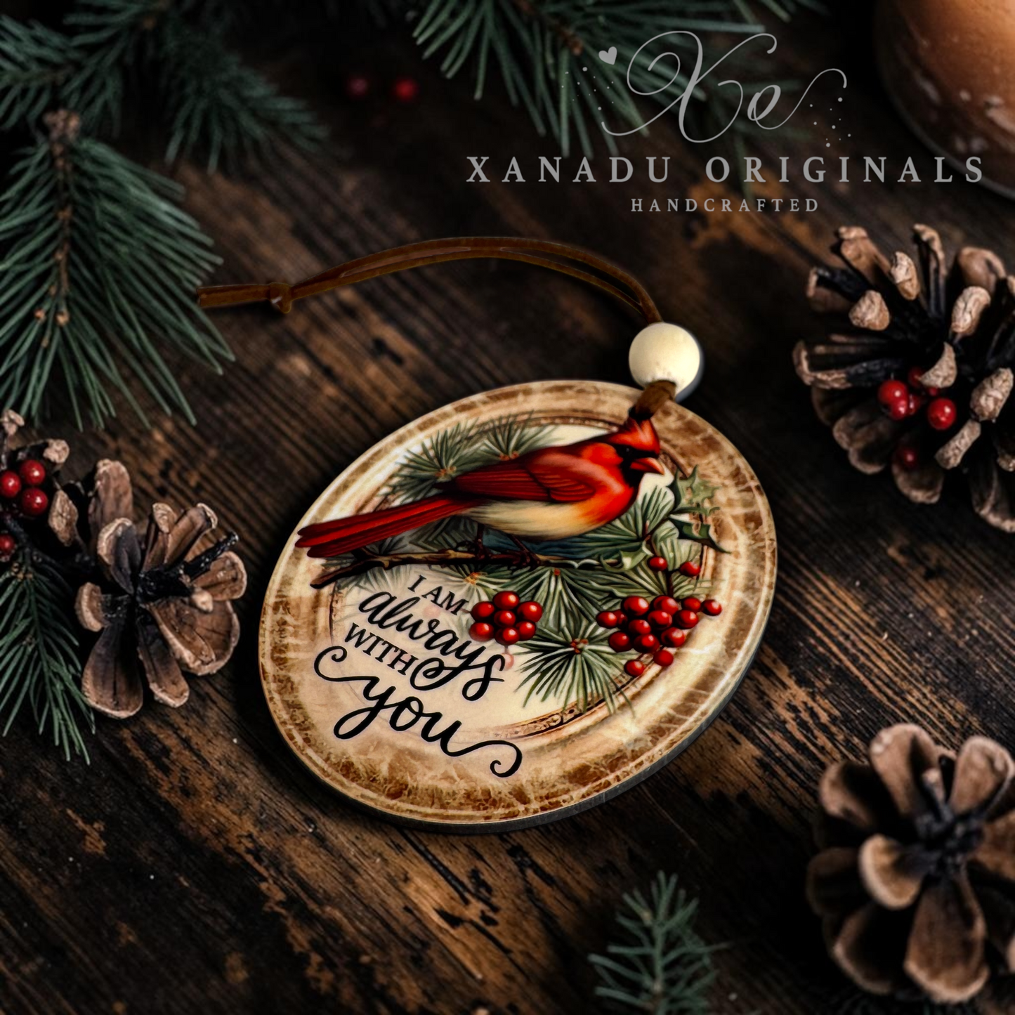 A oval wooden Christmas ornament featuring a red-breasted bird perched on pine branches with red berries and the phrase 'I am always with you' in black script. The ornament is displayed on a dark rustic wooden surface surrounded by pinecones and evergreen branches, with the text 'Xanadu Originals Handcrafted' visible at the top.