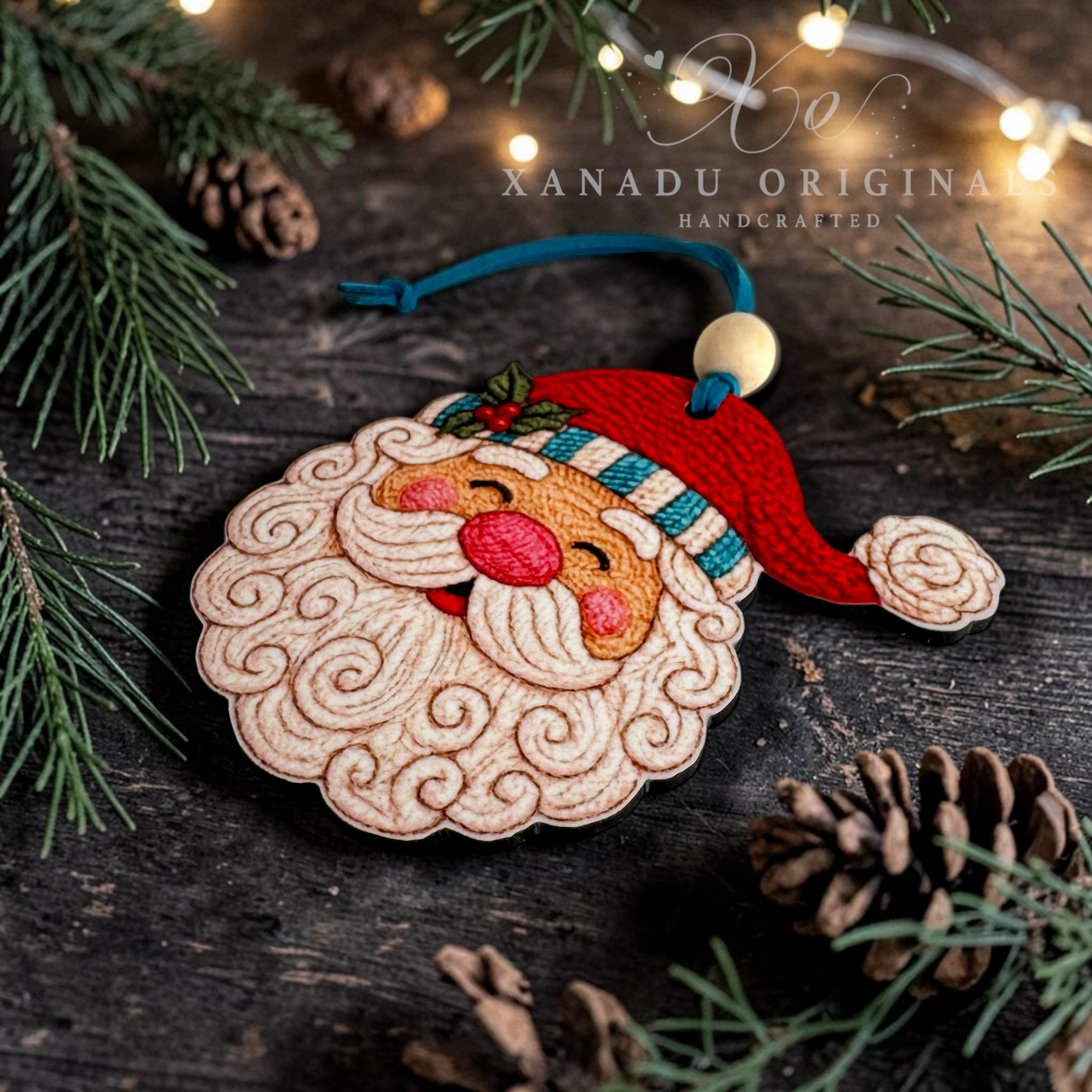 A handcrafted wooden faux embroidered Christmas ornament shaped like Santa's face, with a red hat, blue cord, and wooden bead, displayed on a dark rustic surface with pine branches, pinecones, and warm string lights. The brand name 'XANADU ORIGINALS' is watermarked at the top.
