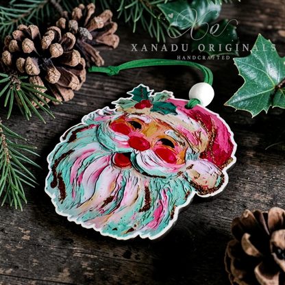 Handcrafted wooden Christmas ornament featuring a stylized Santa face with swirling teal, pink, cream, and brown painted details, hanging on a rustic dark wood surface with pinecones, evergreen branches, and holly leaves. A white bead loop and green string are visible at the top.