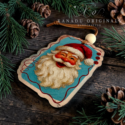 Handcrafted wooden Christmas ornament featuring a 3D Santa Claus face with a turquoise background, styled on a dark rustic wooden surface with pine branches and pinecones. The ornament has a hanging loop with a wooden bead and is branded with 'Xanadu Originals' text overlay.