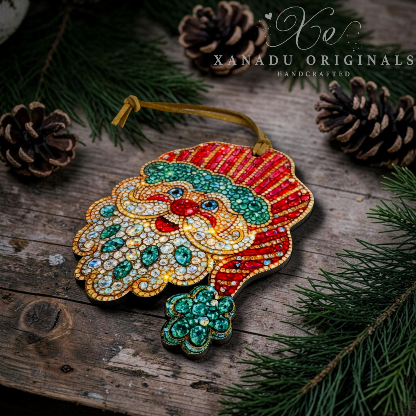 A handcrafted Christmas ornament shaped like Santa's hat, embellished with red, green, and gold rhinestones, resting on a rustic wooden surface with pine branches and pinecones. The brand name 'XANADU ORIGINALS' is visible in the upper right.