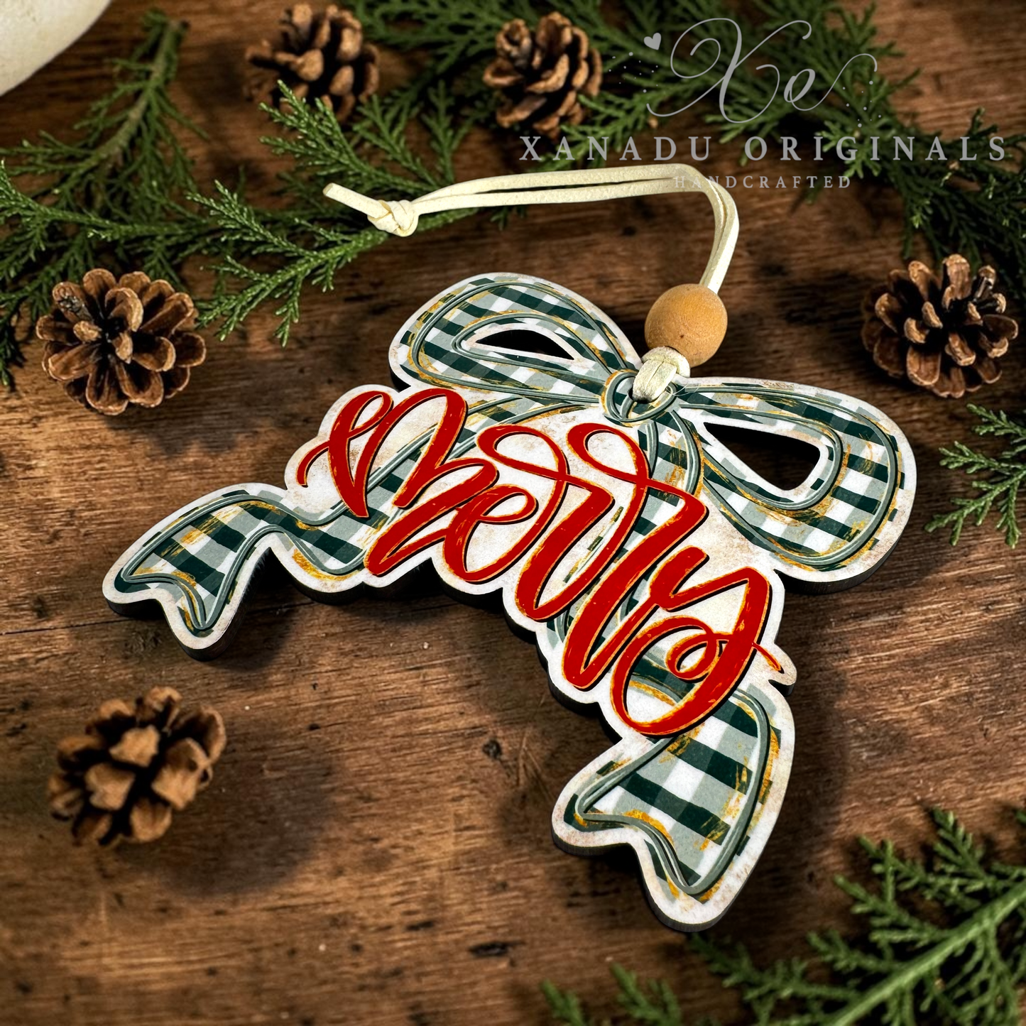 Gingham Bow Merry Wood Christmas Ornament - Cozy Holiday Gift