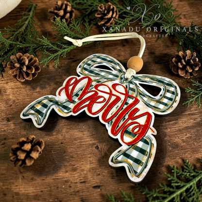 Gingham Bow Merry Wood Christmas Ornament - Cozy Holiday Gift