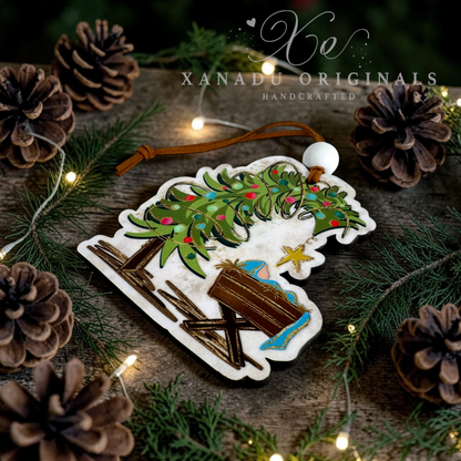 A handcrafted wooden Christmas ornament depicting the Three Wise Men, styled on a rustic wooden surface with pinecones, evergreen branches, and warm fairy lights. The ornament has a white base, a brown leather hanging loop, and colorful painted details.