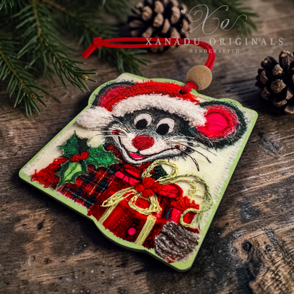 A handcrafted embroidered Christmas ornament shaped like a mouse wearing a Santa hat and holding red wrapped gifts, displayed on a rustic wooden surface with pine branches and a pinecone. The watermark 'XANADU ORIGINALS HANDCRAFTED' is visible in the upper right.
