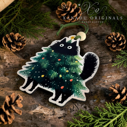 A Christmas ornament shaped like a black cat wearing a green Christmas tree costume, decorated with colorful ornaments and a small gold star, hanging from a green cord. The ornament is displayed on a rustic wooden surface surrounded by pine needles, pinecones, and evergreen branches.